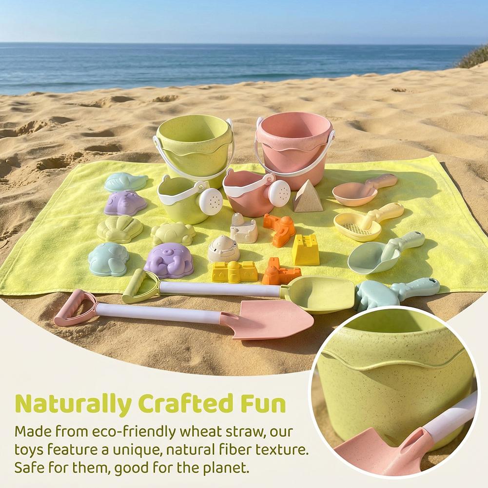 Kinetic Sand Mold - ชุดของเล่นชายหาดสำหรับเด็กทำจากฟางข้าวสาลี ชุดเล่นทรายกลางแจ้งสำหรับฤดูร้อน เป็นมิตรกับสิ่งแวดล้อม ชุดถังทรายและพลั่วแบบพกพา ของขวัญวันหยุด