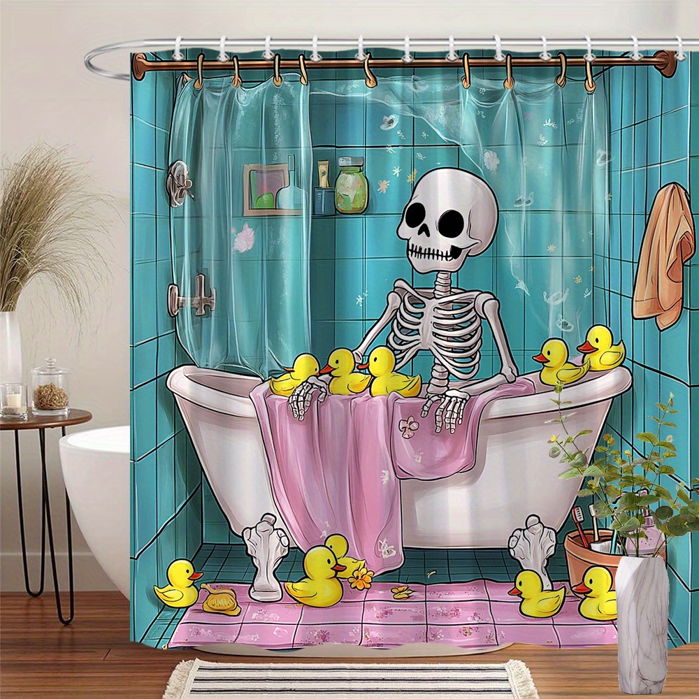 Rubber Duck Bath - ม่านอาบน้ำลายการ์ตูนหัวกะโหลกยางรูปเป็ด, ผ้าเช็ดตัวสีเขียวอมฟ้าพิมพ์ลายกระเบื้องสีชมพู, ม่านอาบน้ำกันน้ำลายกอธิค, ของตกแต่งห้องน้ำตลกๆ
