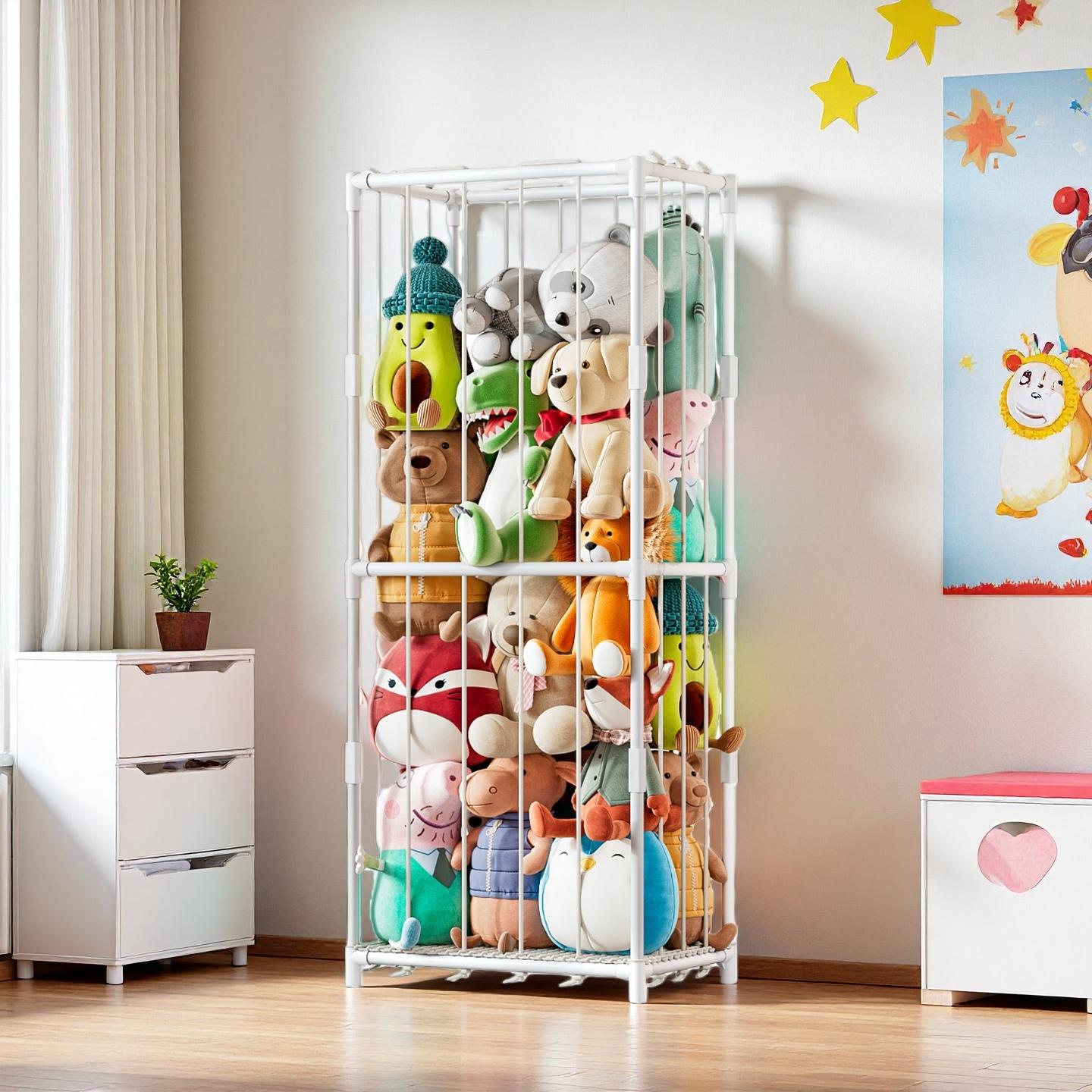 Kids Toys Animal - ที่เก็บของแนวตั้งสำหรับตุ๊กตาสัตว์ ชั้นวางของเล่นตุ๊กตาธีมสวนสัตว์ โครงเหล็กประหยัดพื้นที่พร้อมตาข่ายยืดหยุ่น ชั้นวางมุมแบบตั้งอิสระสำหรับจัดเก็บของในห้องเด็กเล่น ห้องนอนเด็ก ห้องเด็กอ่อน